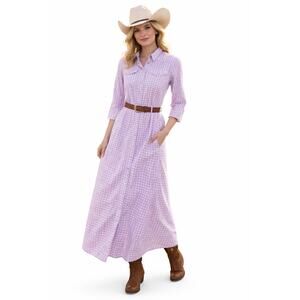 NWT Denimist Cowboy Maxi Dress Gingham Lilac Womens Size XS Western Pearl Snap